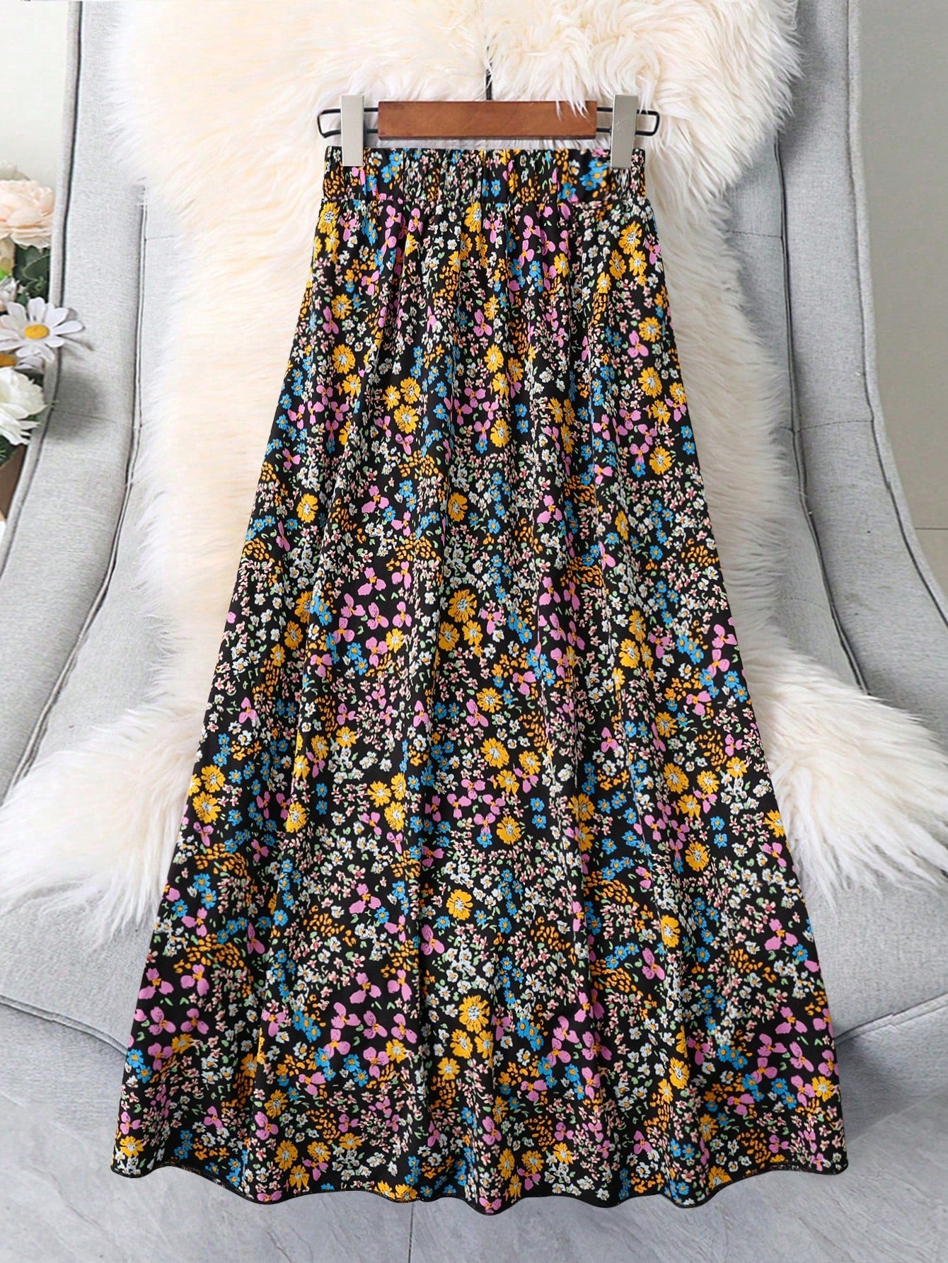 EMERY ROSE Women's Elastic Waist Black Floral Ditsy Long Casual Skirt,Boho Summer Vacation Picnic Resort Wear,Versatile Spring Floral Skirts For Women