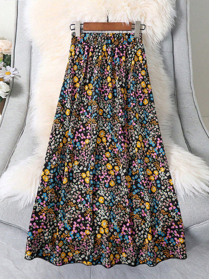 EMERY ROSE Women's Elastic Waist Black Floral Ditsy Long Casual Skirt,Boho Summer Vacation Picnic Resort Wear,Versatile Spring Floral Skirts For Women