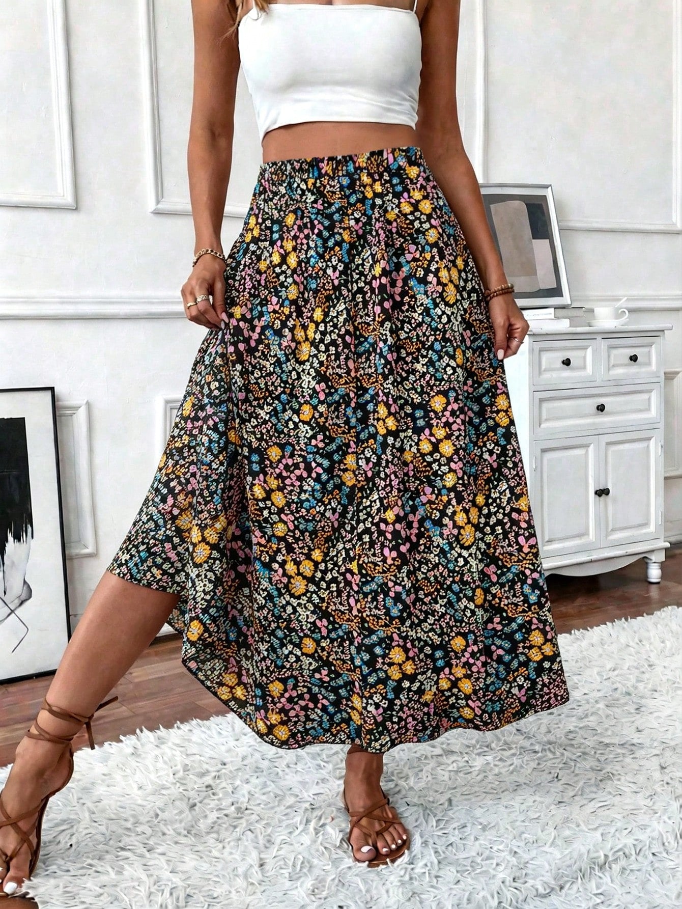 EMERY ROSE Women's Elastic Waist Black Floral Ditsy Long Casual Skirt,Boho Summer Vacation Picnic Resort Wear,Versatile Spring Floral Skirts For Women