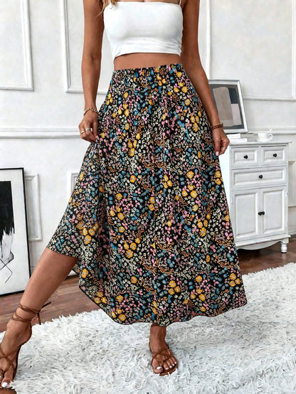 EMERY ROSE Women's Elastic Waist Black Floral Ditsy Long Casual Skirt,Boho Summer Vacation Picnic Resort Wear,Versatile Spring Floral Skirts For Women