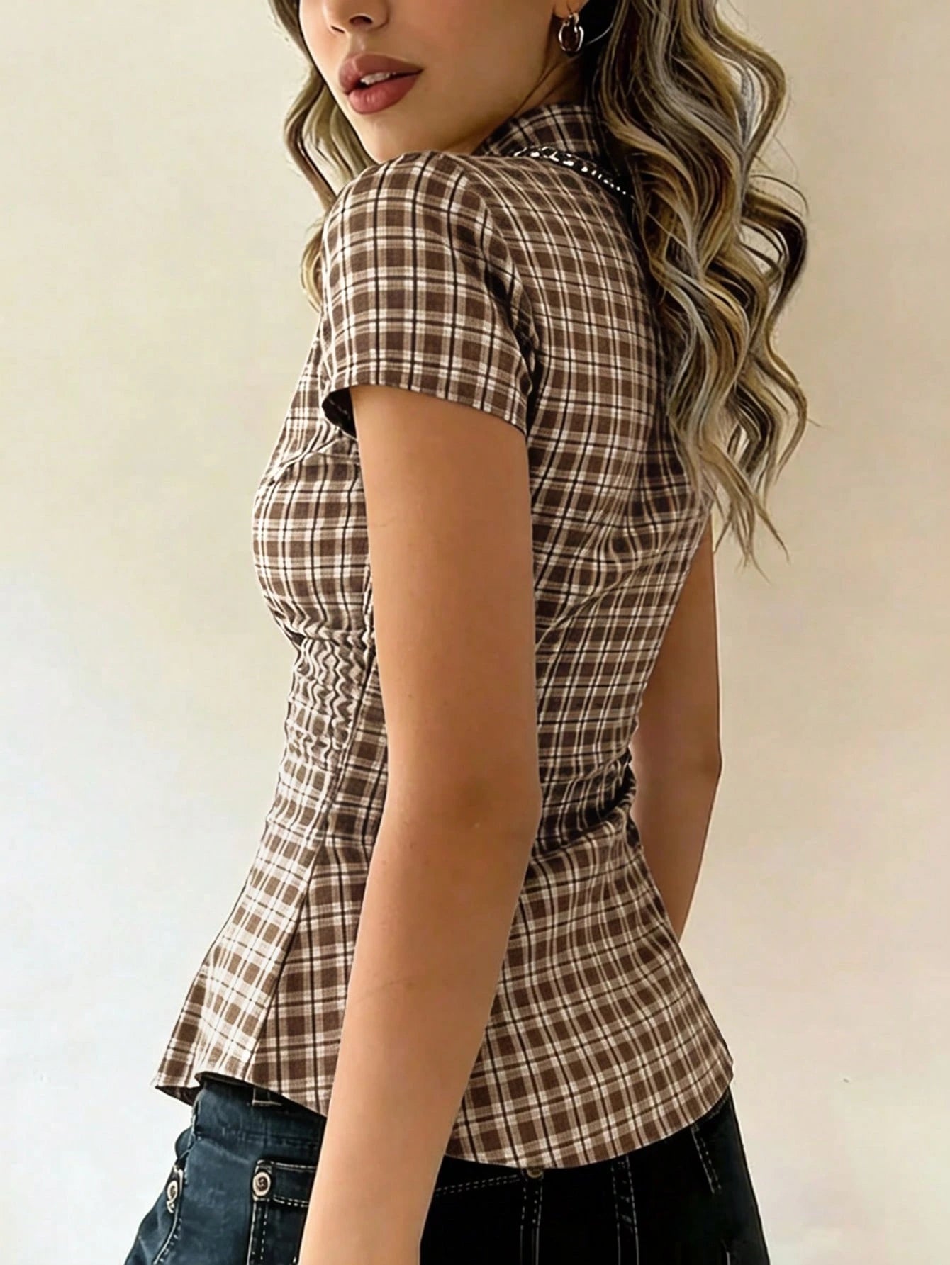 EMERY ROSE Women's Plaid Single-Breasted Casual Versatile Daily Wear Short Sleeve Shirt