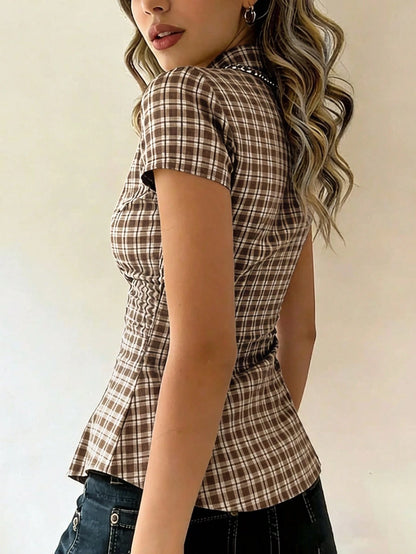 EMERY ROSE Women's Plaid Single-Breasted Casual Versatile Daily Wear Short Sleeve Shirt