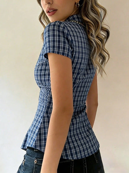 EMERY ROSE Women's Plaid Single-Breasted Casual Versatile Daily Wear Short Sleeve Shirt