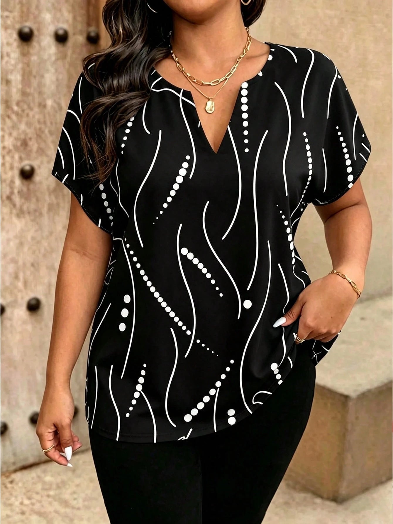 EMERY ROSE Women's Polka Dot & Line Print Casual Short Sleeve Shirt, Vintage, Suitable For Commuting, Travel And Daily Wear, Gift For Friends And Family, Versatile Fashion Top