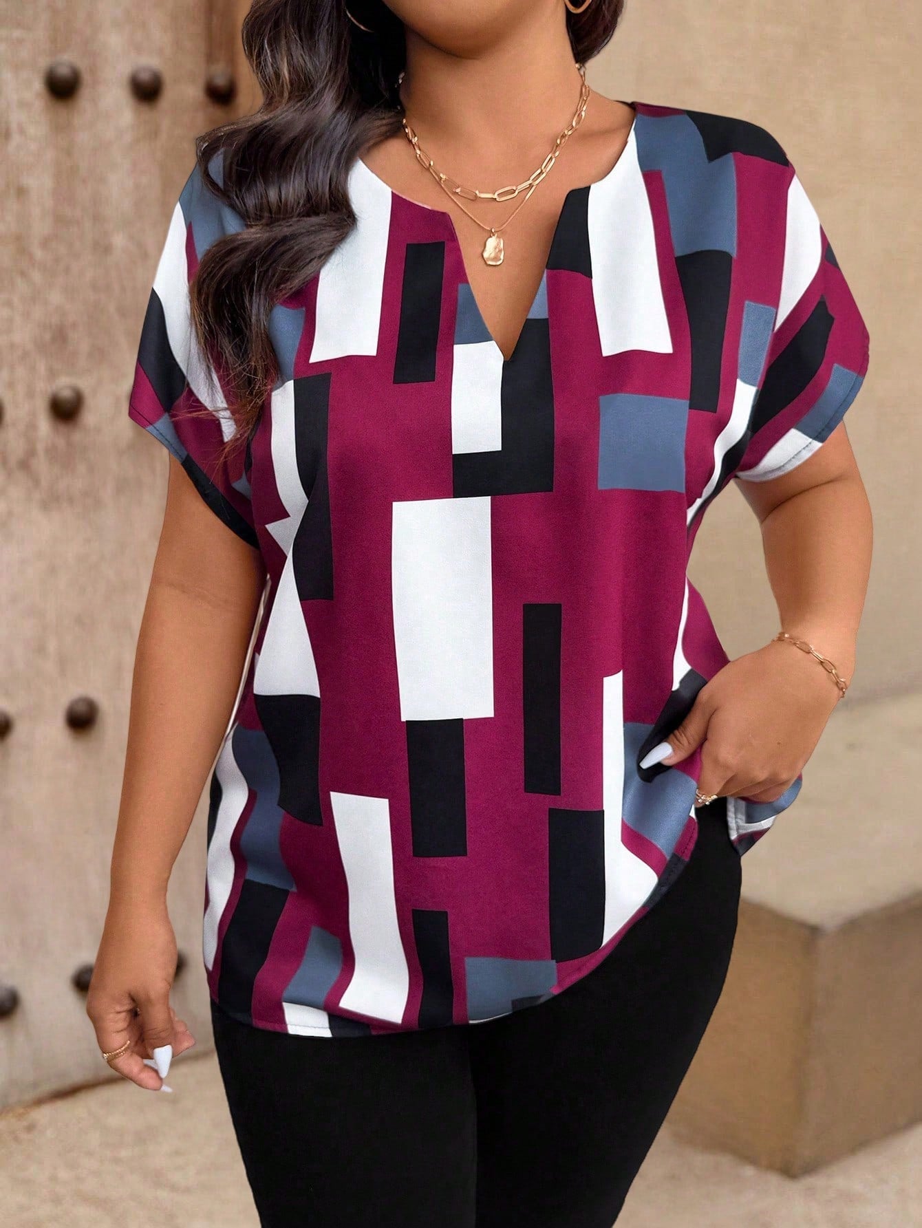 EMERY ROSE Women's Polka Dot & Line Print Casual Short Sleeve Shirt, Vintage, Suitable For Commuting, Travel And Daily Wear, Gift For Friends And Family, Versatile Fashion Top
