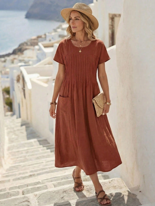 EMERY ROSE Women's Solid Color Round Neck Short Sleeve Pleat Double Pocket Loose Casual Dress