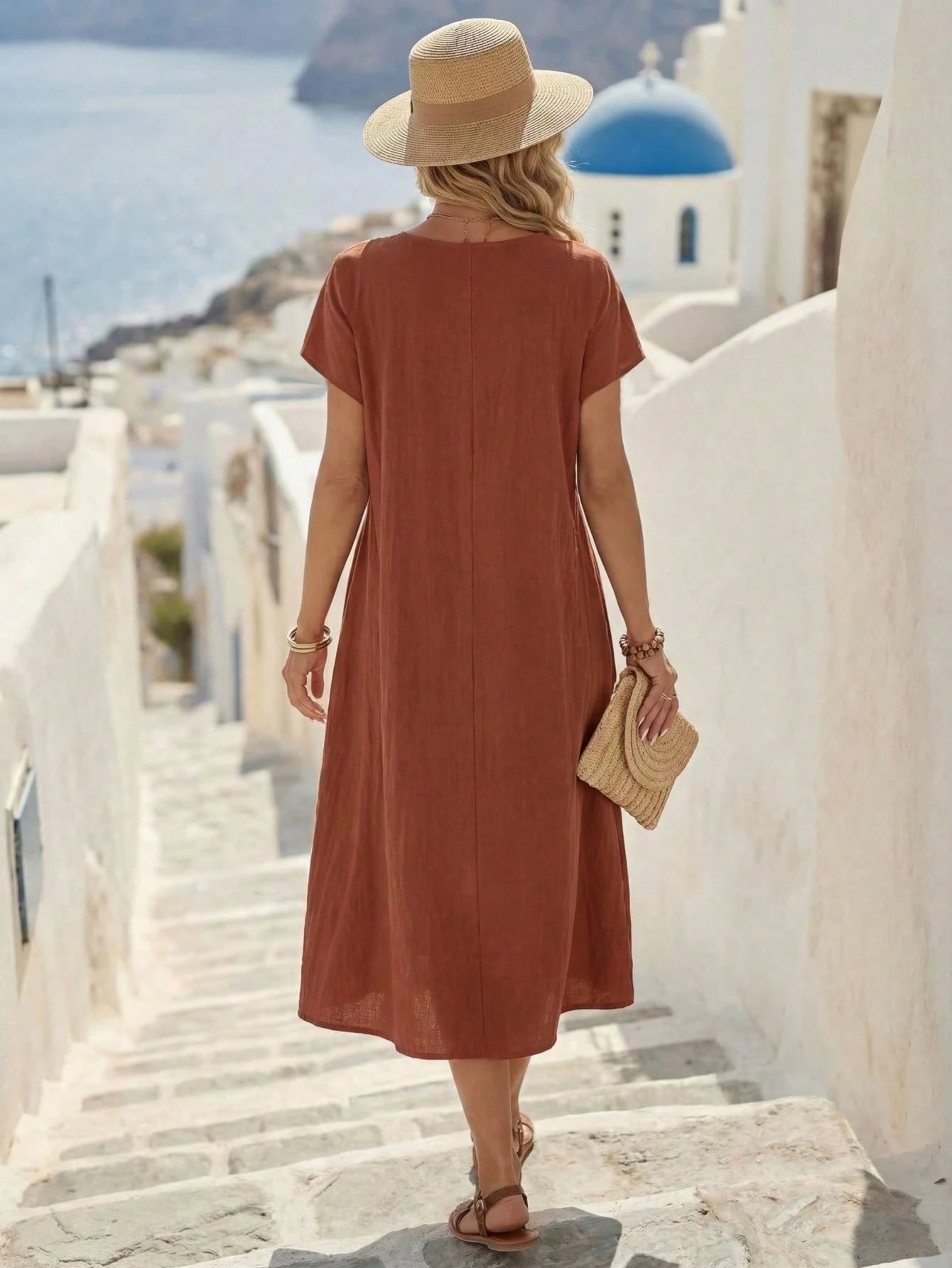 EMERY ROSE Women's Solid Color Round Neck Short Sleeve Pleat Double Pocket Loose Casual Dress