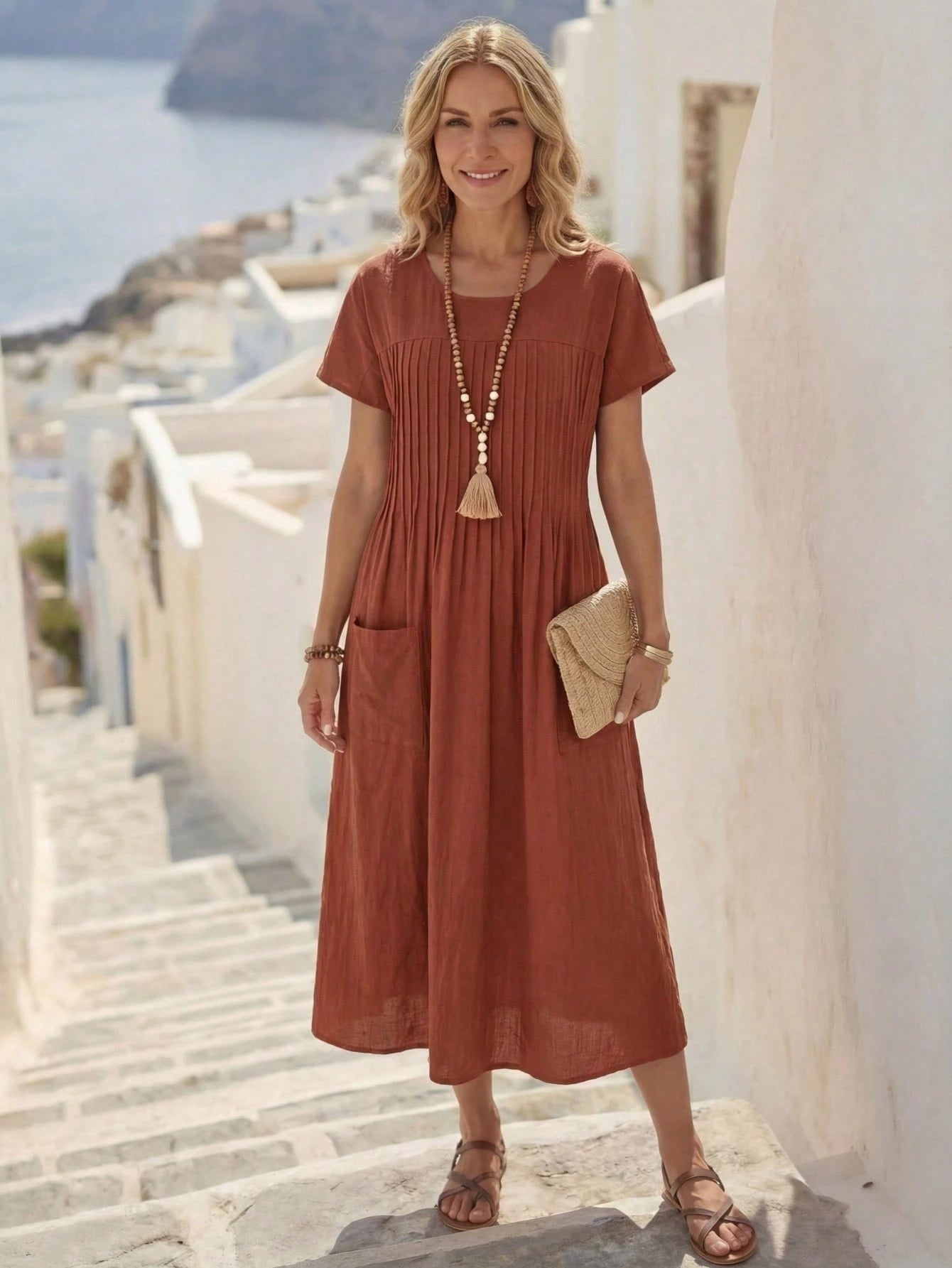 EMERY ROSE Women's Solid Color Round Neck Short Sleeve Pleat Double Pocket Loose Casual Dress