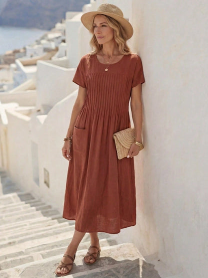 EMERY ROSE Women's Solid Color Round Neck Short Sleeve Pleat Double Pocket Loose Casual Dress