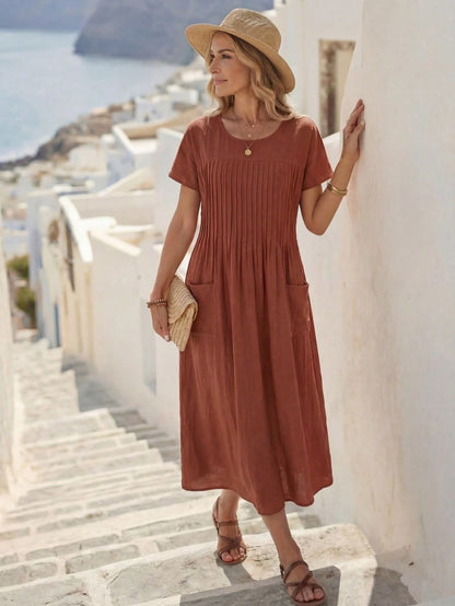 EMERY ROSE Women's Solid Color Round Neck Short Sleeve Pleat Double Pocket Loose Casual Dress