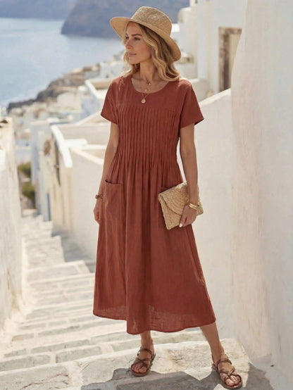EMERY ROSE Women's Solid Color Round Neck Short Sleeve Pleat Double Pocket Loose Casual Dress