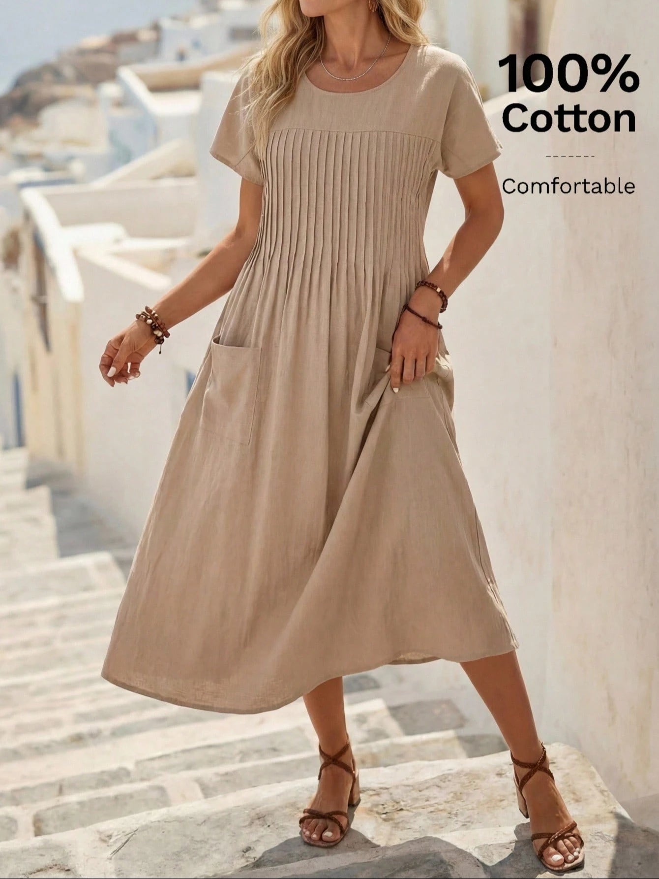 EMERY ROSE Women's Solid Color Round Neck Short Sleeve Pleat Double Pocket Loose Casual Dress