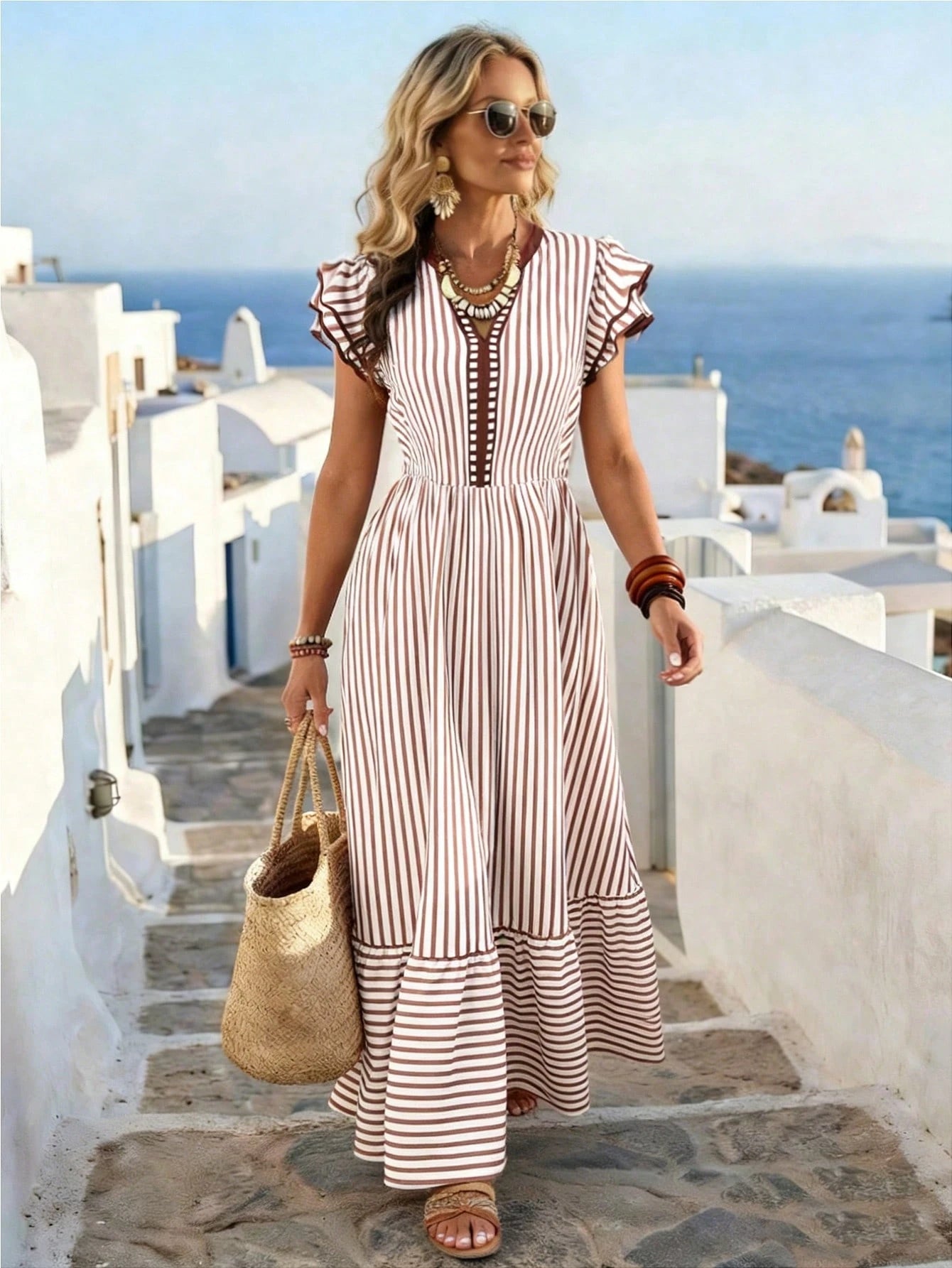 EMERY ROSE Women's Striped Print V-Neck Contrast Trim Double-Layer Flutter Sleeve White Summer Boho Holiday Vacation Holiday Dress,Casual Commuter Fashion Dress