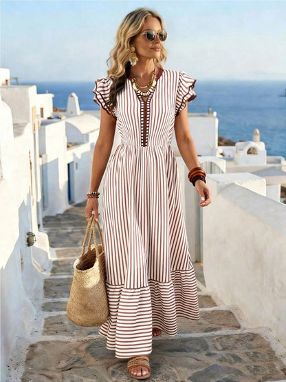 EMERY ROSE Women's Striped Print V-Neck Contrast Trim Double-Layer Flutter Sleeve White Summer Boho Holiday Vacation Holiday Dress,Casual Commuter Fashion Dress