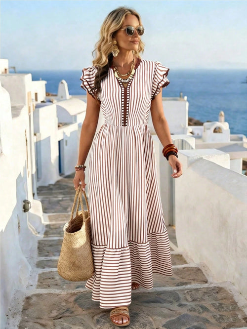 EMERY ROSE Women's Striped Print V-Neck Contrast Trim Double-Layer Flutter Sleeve White Summer Boho Holiday Vacation Holiday Dress,Casual Commuter Fashion Dress