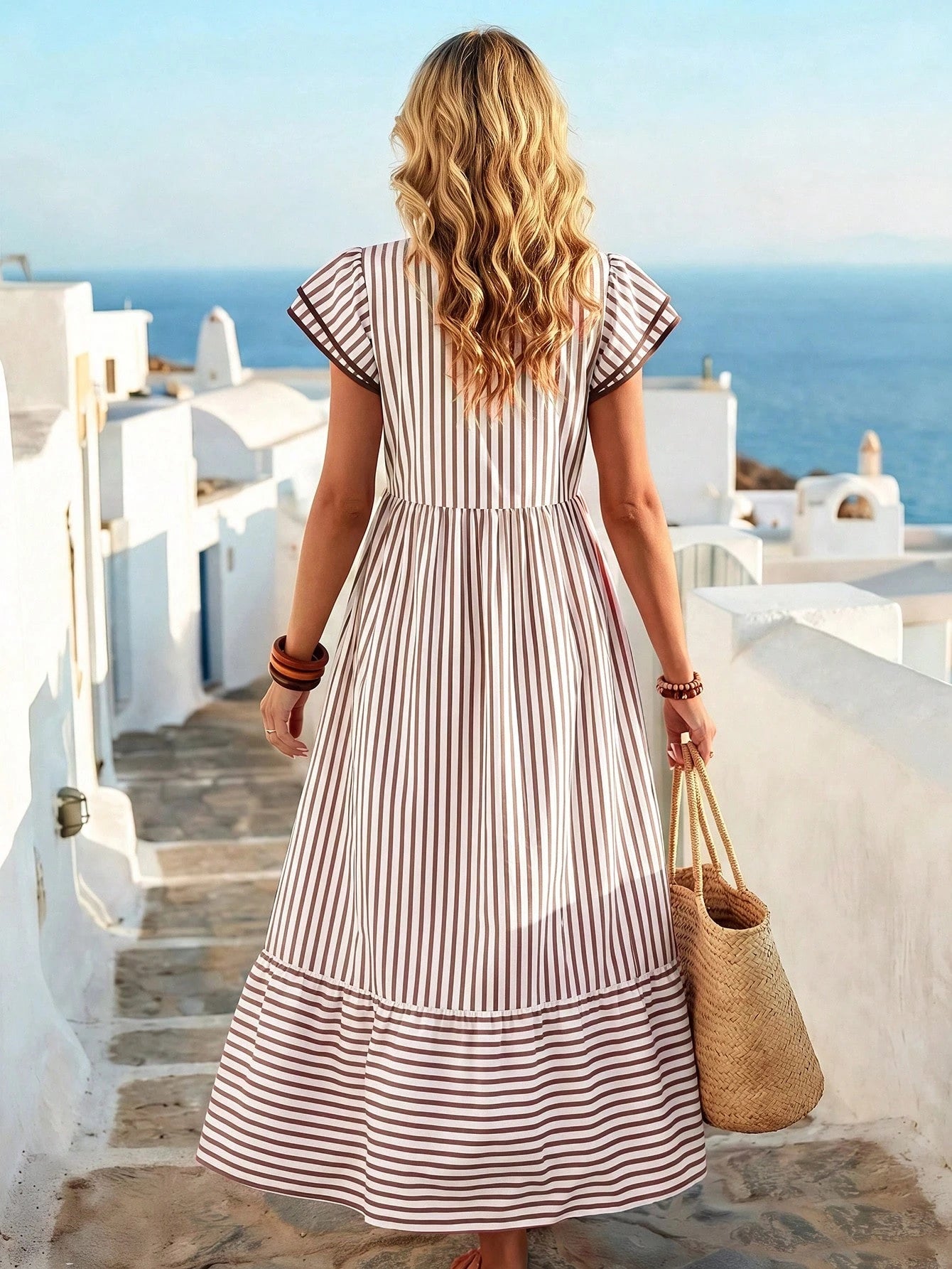 EMERY ROSE Women's Striped Print V-Neck Contrast Trim Double-Layer Flutter Sleeve White Summer Boho Holiday Vacation Holiday Dress,Casual Commuter Fashion Dress