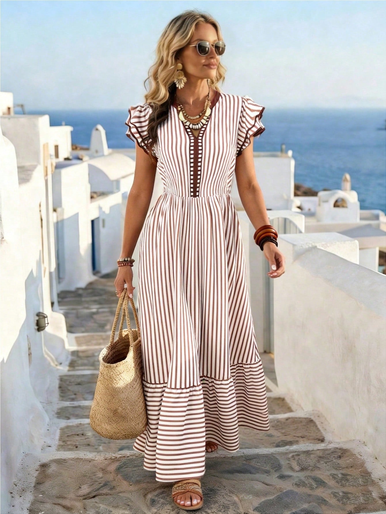 EMERY ROSE Women's Striped Print V-Neck Contrast Trim Double-Layer Flutter Sleeve White Summer Boho Holiday Vacation Holiday Dress,Casual Commuter Fashion Dress