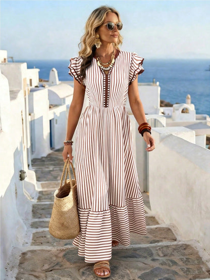 EMERY ROSE Women's Striped Print V-Neck Contrast Trim Double-Layer Flutter Sleeve White Summer Boho Holiday Vacation Holiday Dress,Casual Commuter Fashion Dress
