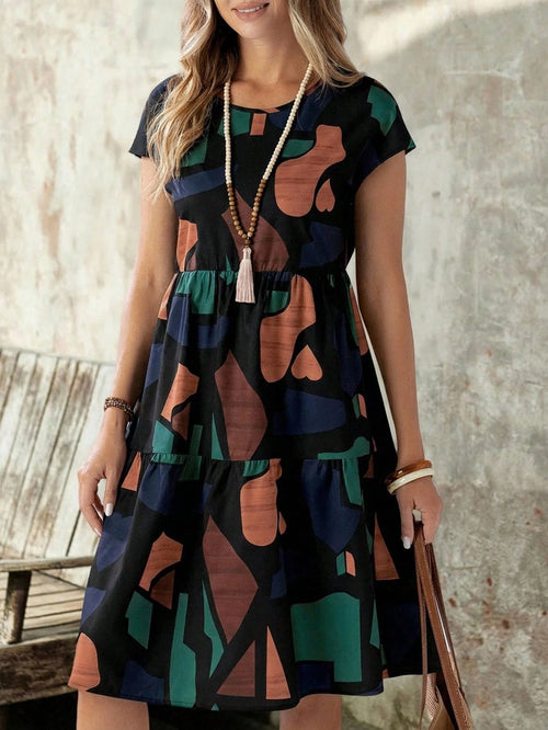 EMERY ROSE Women's Summer Geometric Pattern Print Round Neck Short-Sleeve Dress,Summer Dress Printed Dress Curve Casual Dress Geometric Print Dress Casual Dress