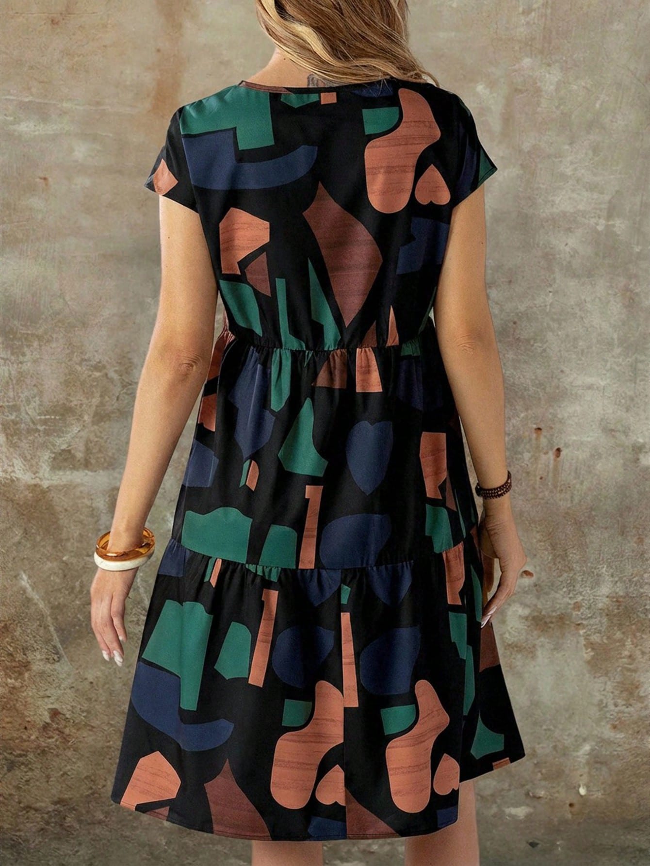 EMERY ROSE Women's Summer Geometric Pattern Print Round Neck Short-Sleeve Dress,Summer Dress Printed Dress Curve Casual Dress Geometric Print Dress Casual Dress