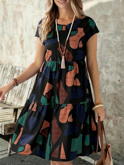 EMERY ROSE Women's Summer Geometric Pattern Print Round Neck Short-Sleeve Dress,Summer Dress Printed Dress Curve Casual Dress Geometric Print Dress Casual Dress
