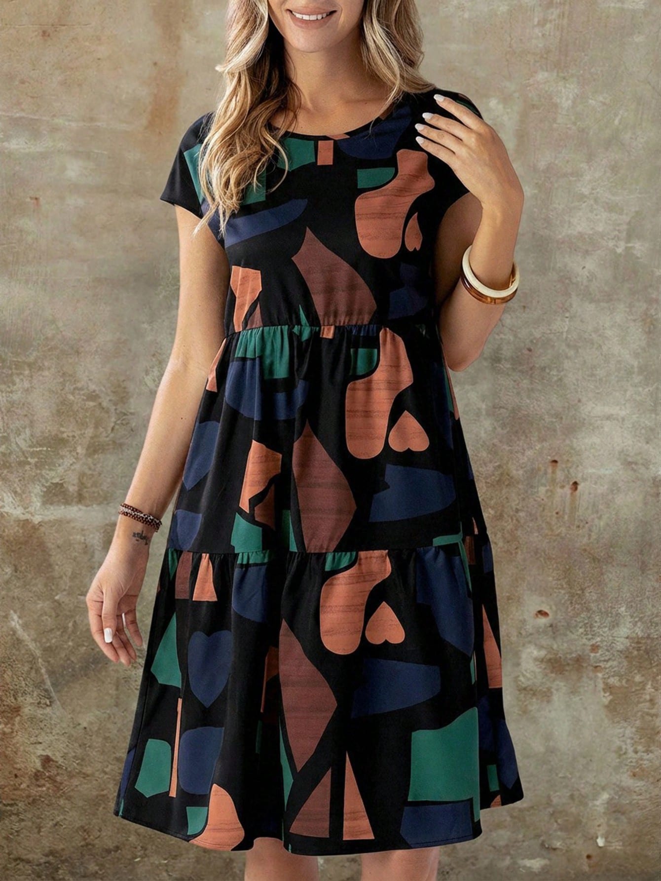 EMERY ROSE Women's Summer Geometric Pattern Print Round Neck Short-Sleeve Dress,Summer Dress Printed Dress Curve Casual Dress Geometric Print Dress Casual Dress