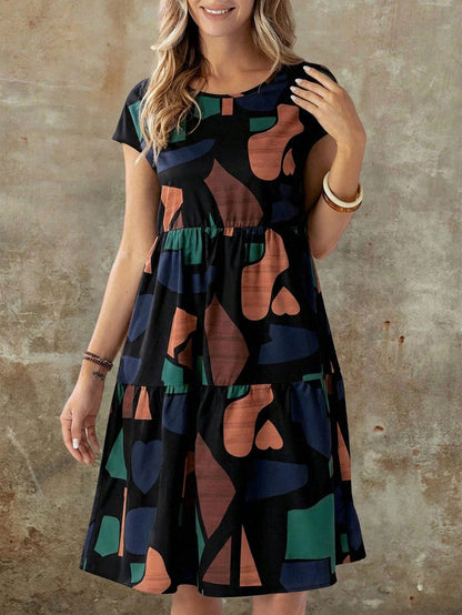 EMERY ROSE Women's Summer Geometric Pattern Print Round Neck Short-Sleeve Dress,Summer Dress Printed Dress Curve Casual Dress Geometric Print Dress Casual Dress