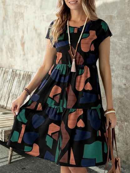EMERY ROSE Women's Summer Geometric Pattern Print Round Neck Short-Sleeve Dress,Summer Dress Printed Dress Curve Casual Dress Geometric Print Dress Casual Dress