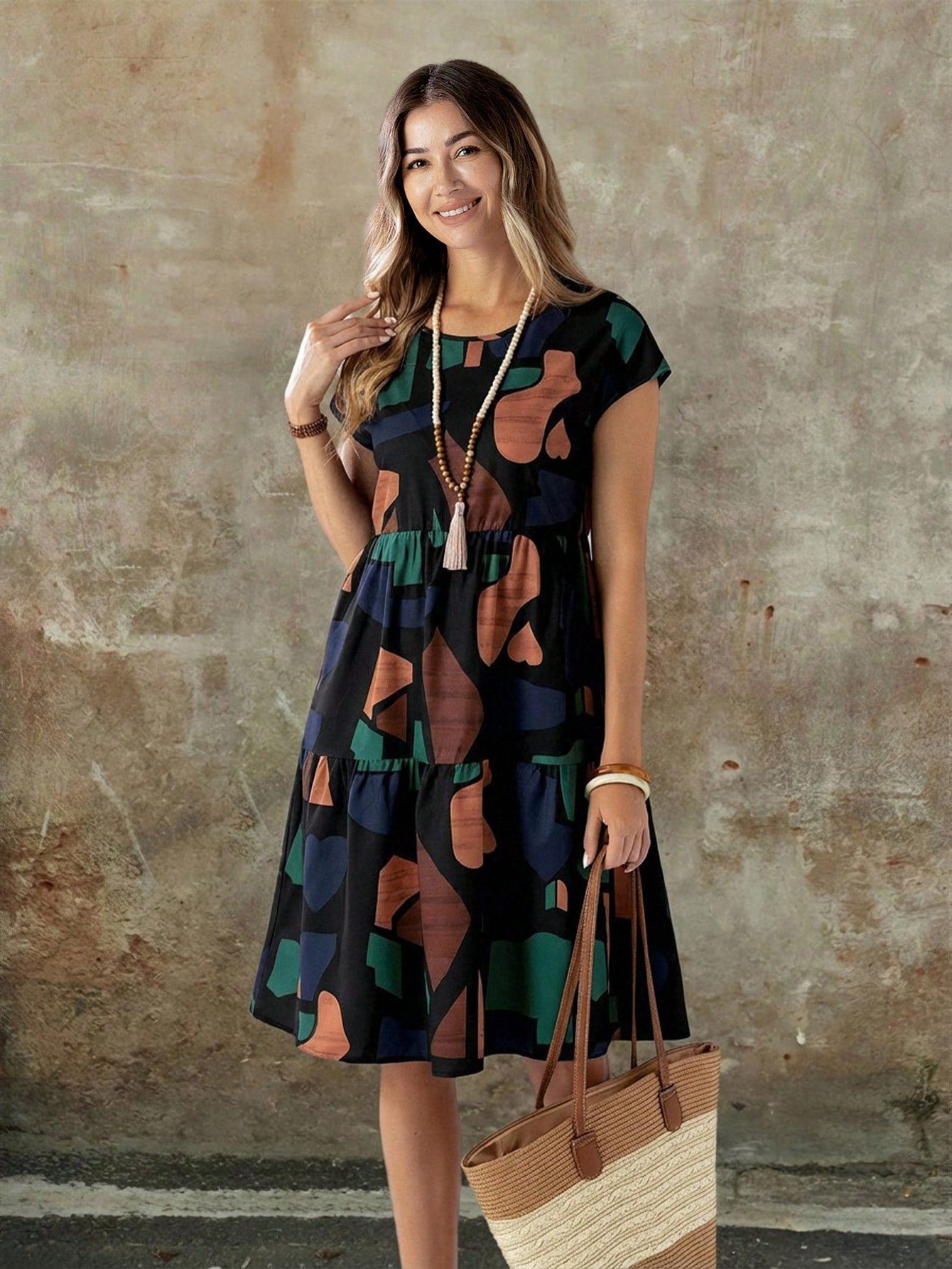 EMERY ROSE Women's Summer Geometric Pattern Print Round Neck Short-Sleeve Dress,Summer Dress Printed Dress Curve Casual Dress Geometric Print Dress Casual Dress