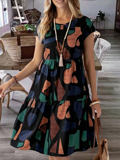 EMERY ROSE Women's Summer Geometric Pattern Print Round Neck Short-Sleeve Dress,Summer Dress Printed Dress Curve Casual Dress Geometric Print Dress Casual Dress
