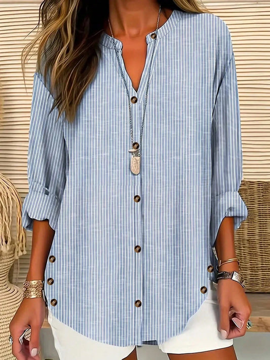 EMERY ROSE Women's Vertical Striped Notched Collar Shirt,Long Sleeve Tops Fall Cloth For Women
