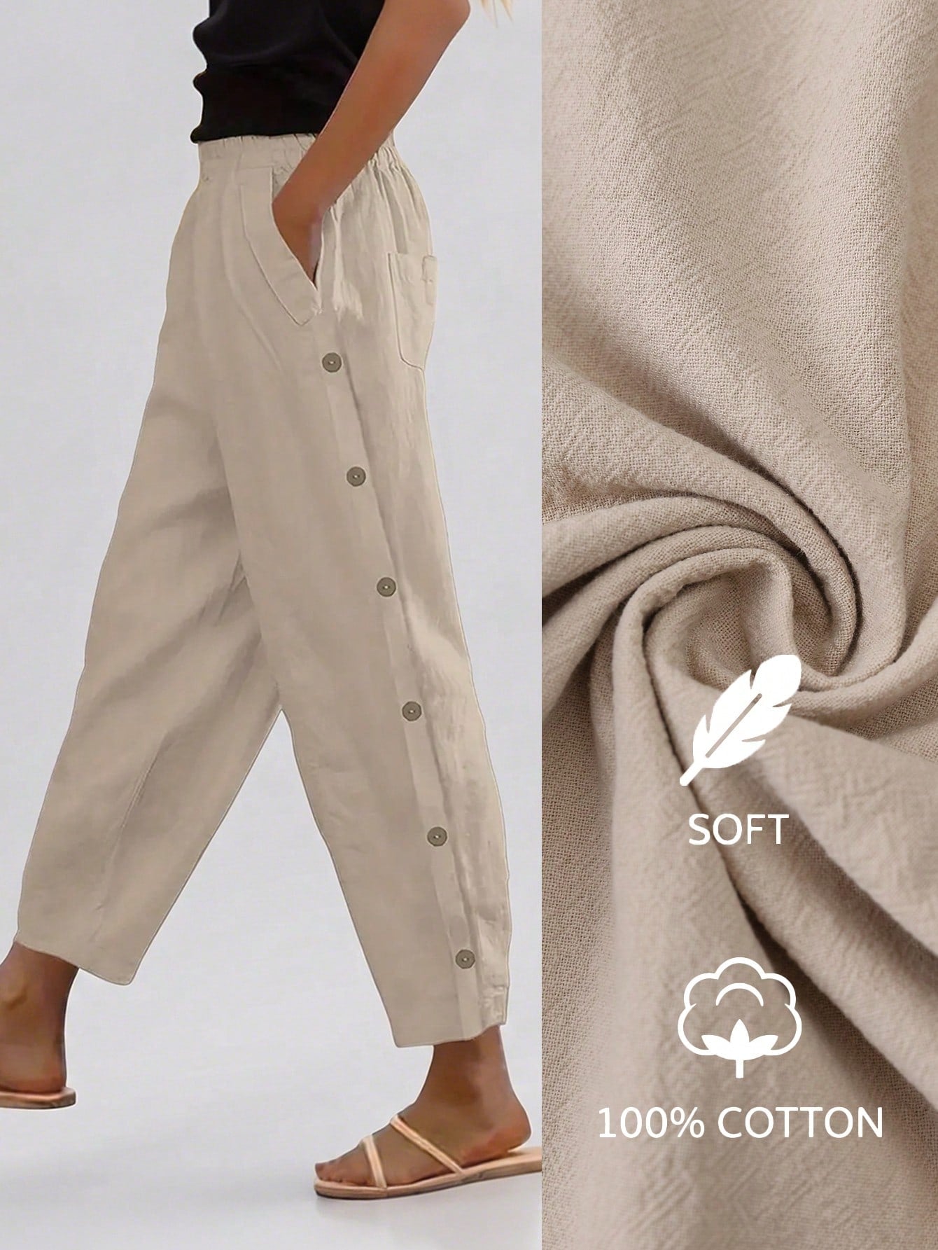 EMERY ROSE Women Simple Casual Button Decoration Slanted Pocket Elastic Waist Tapered Pants