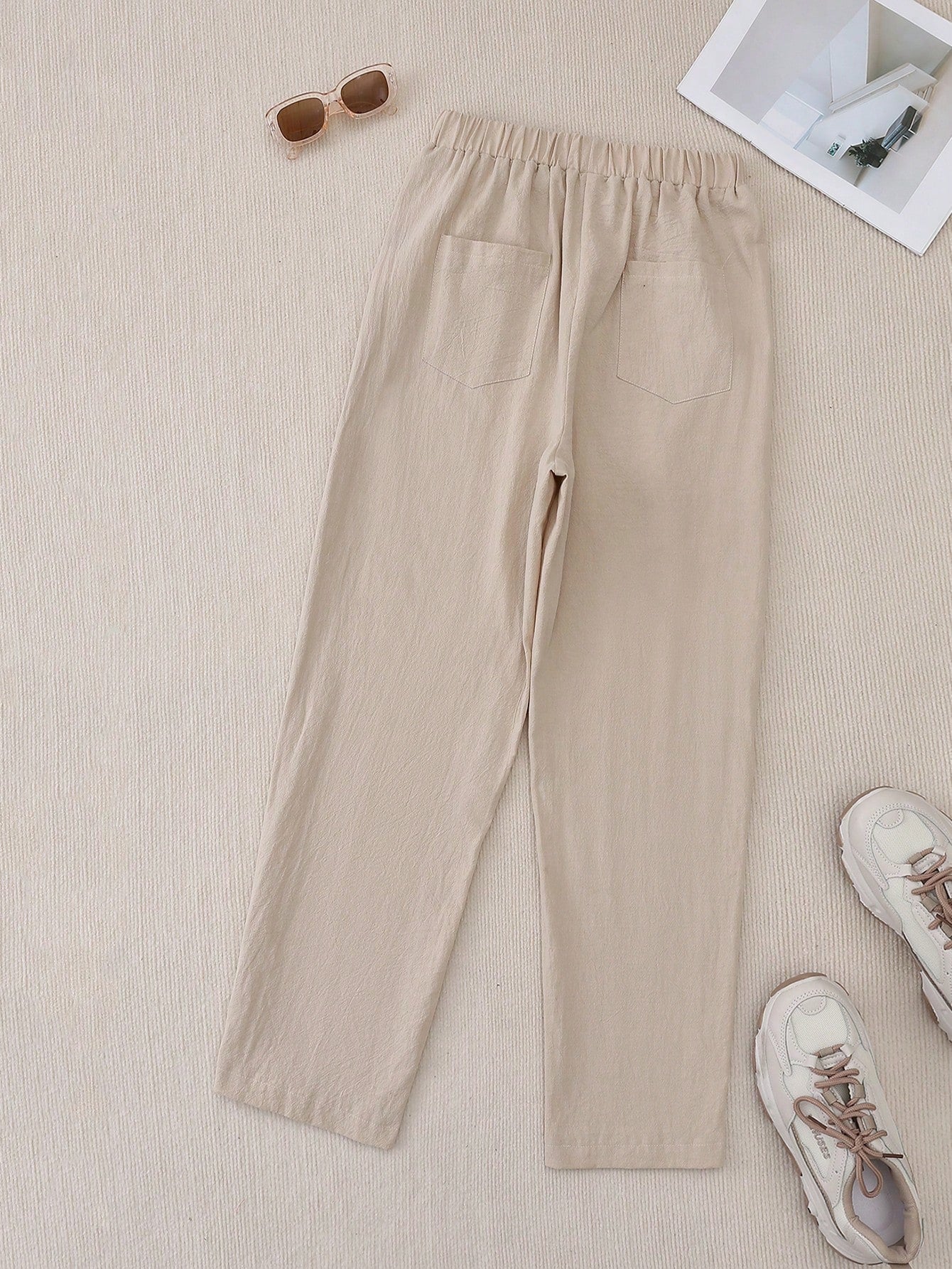 EMERY ROSE Women Simple Casual Button Decoration Slanted Pocket Elastic Waist Tapered Pants