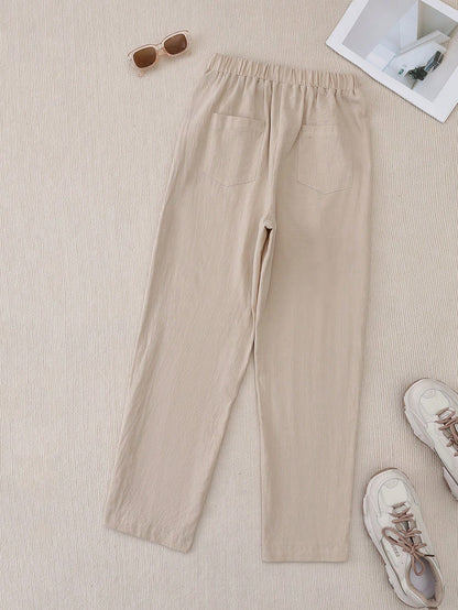 EMERY ROSE Women Simple Casual Button Decoration Slanted Pocket Elastic Waist Tapered Pants