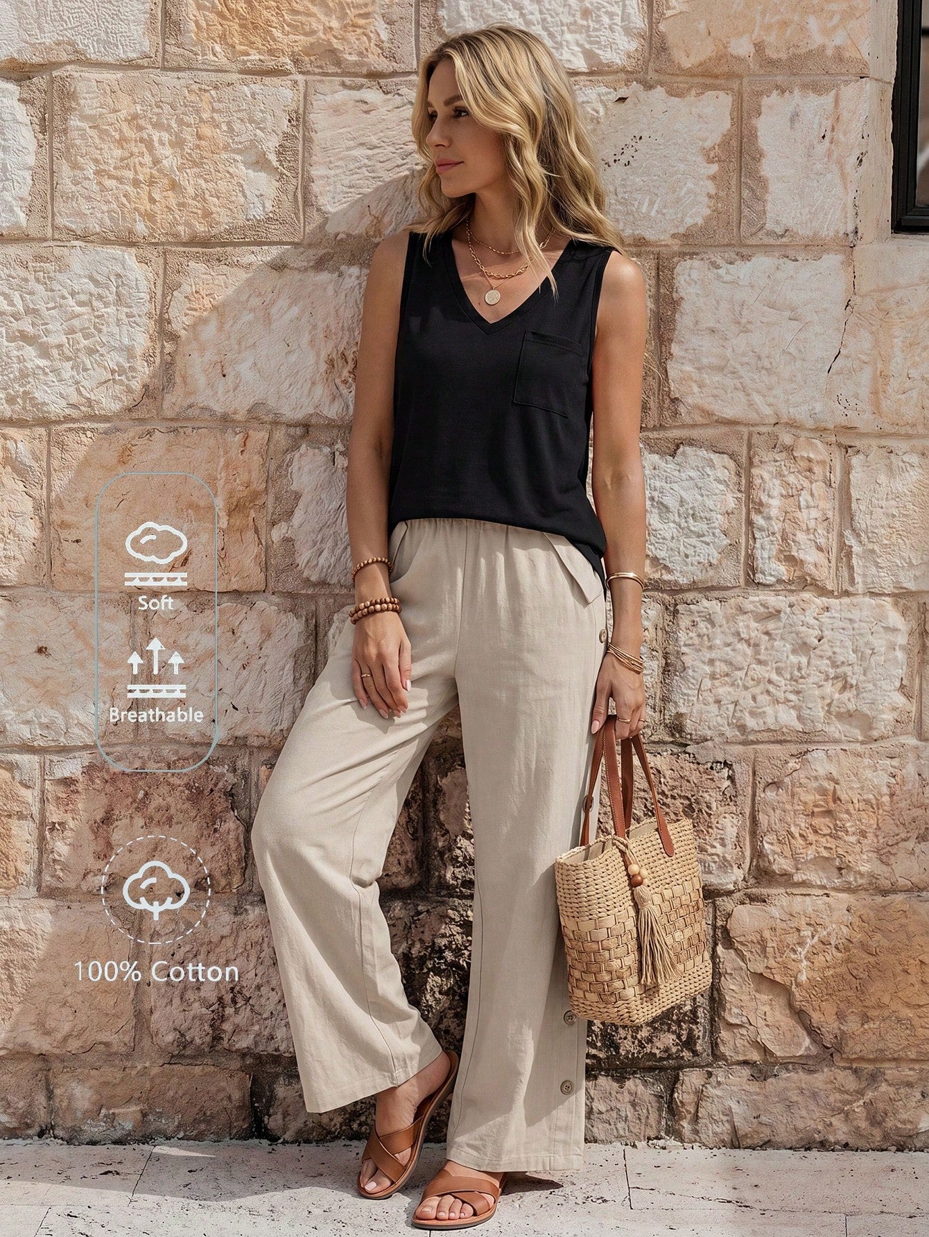 EMERY ROSE Women Simple Casual Button Decoration Slanted Pocket Elastic Waist Tapered Pants