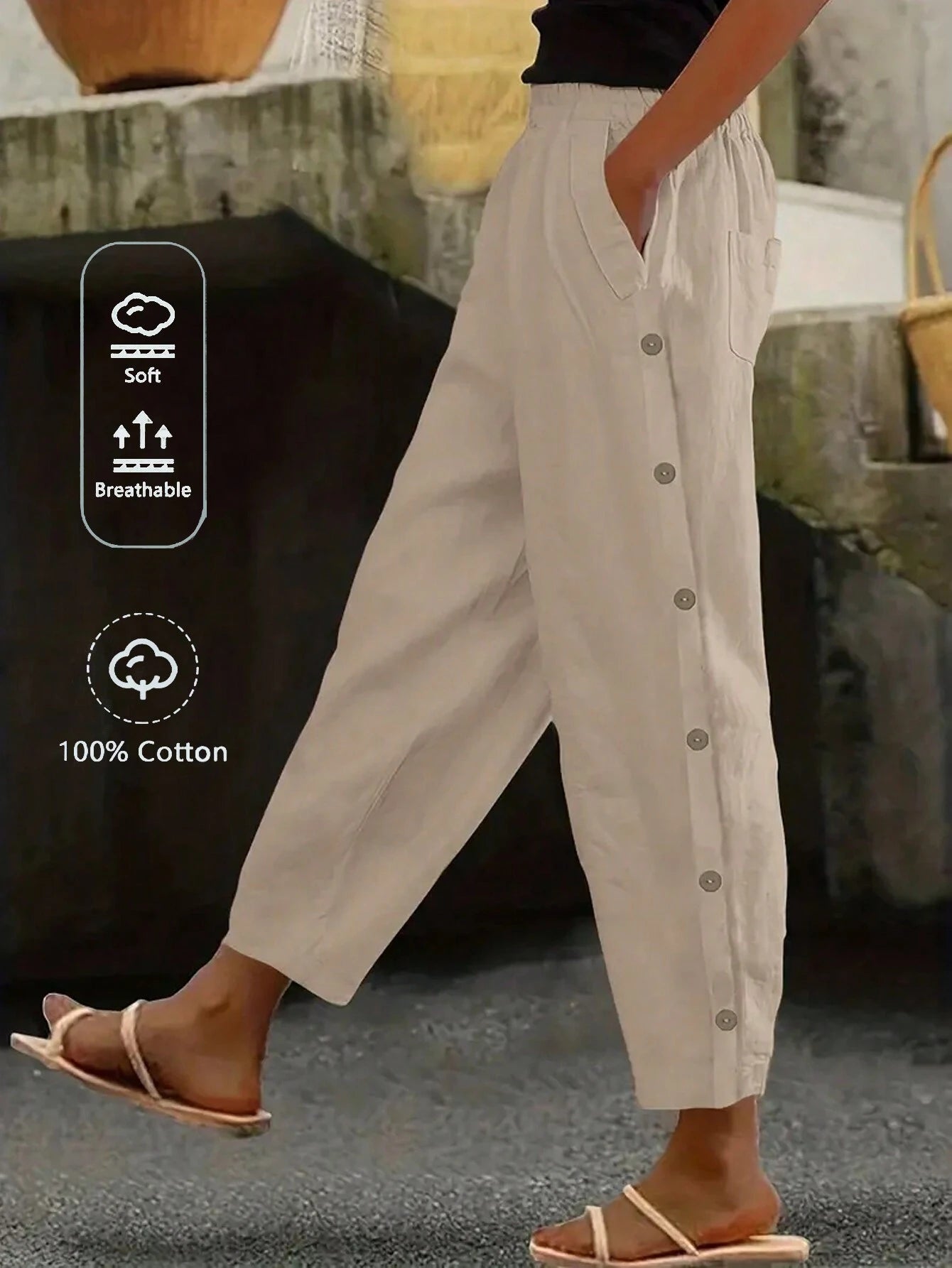 EMERY ROSE Women Simple Casual Button Decoration Slanted Pocket Elastic Waist Tapered Pants