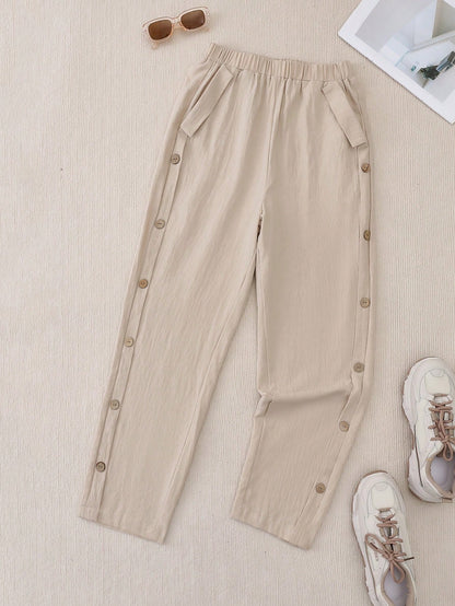EMERY ROSE Women Simple Casual Button Decoration Slanted Pocket Elastic Waist Tapered Pants