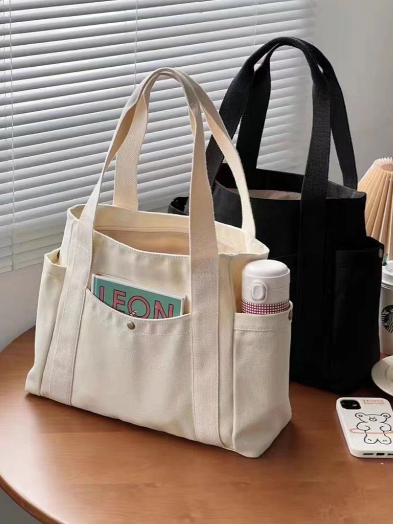 EMERY ROSE X Milania Women's Multi-Pocket Canvas Tote Bag, Large Capacity, Reusable, Canvas Tote Bag, Suitable For Daily Use And Travel