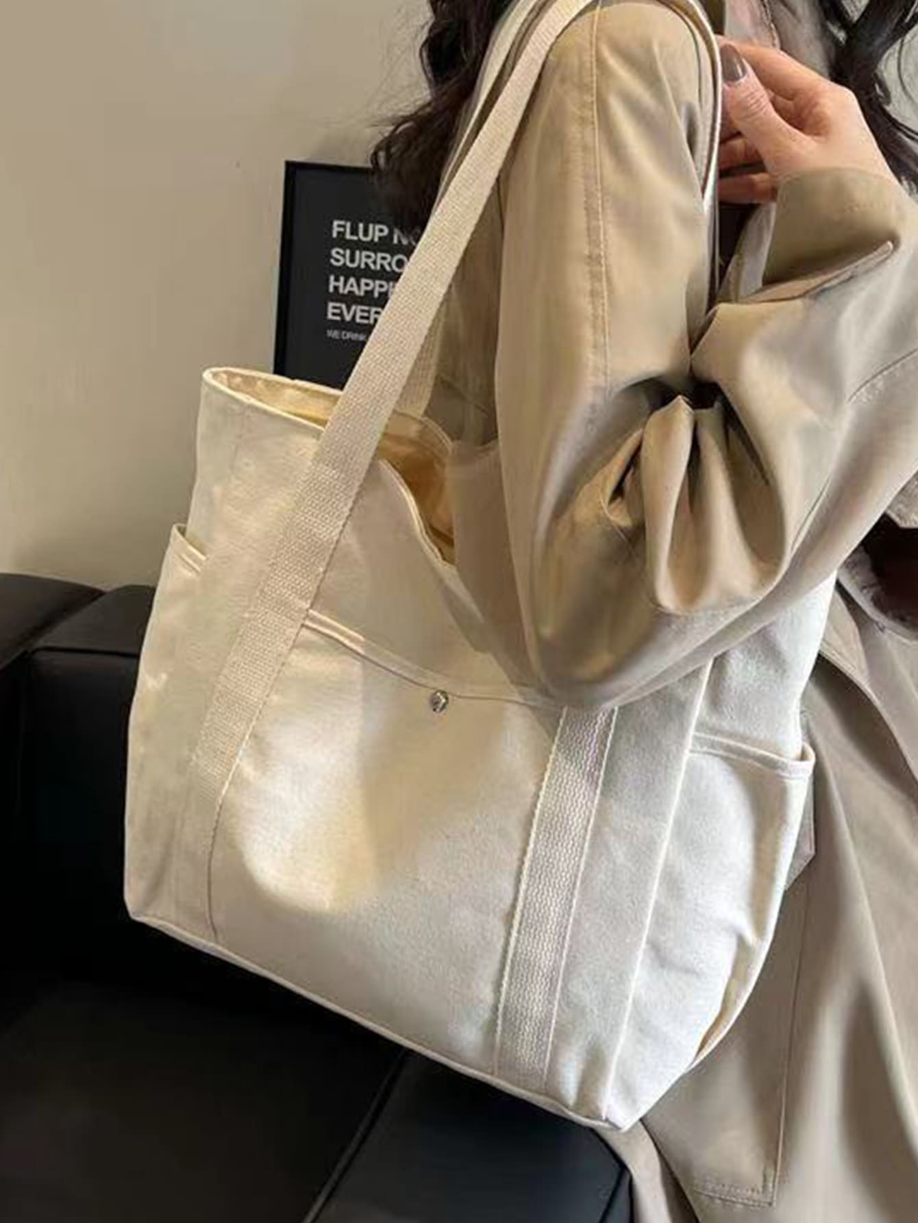 EMERY ROSE X Milania Women's Multi-Pocket Canvas Tote Bag, Large Capacity, Reusable, Canvas Tote Bag, Suitable For Daily Use And Travel