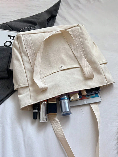 EMERY ROSE X Milania Women's Multi-Pocket Canvas Tote Bag, Large Capacity, Reusable, Canvas Tote Bag, Suitable For Daily Use And Travel