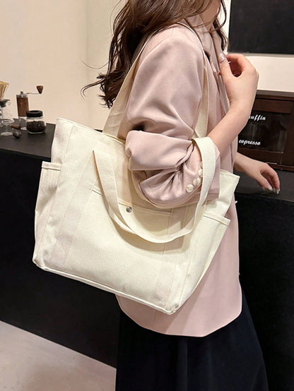 EMERY ROSE X Milania Women's Multi-Pocket Canvas Tote Bag, Large Capacity, Reusable, Canvas Tote Bag, Suitable For Daily Use And Travel