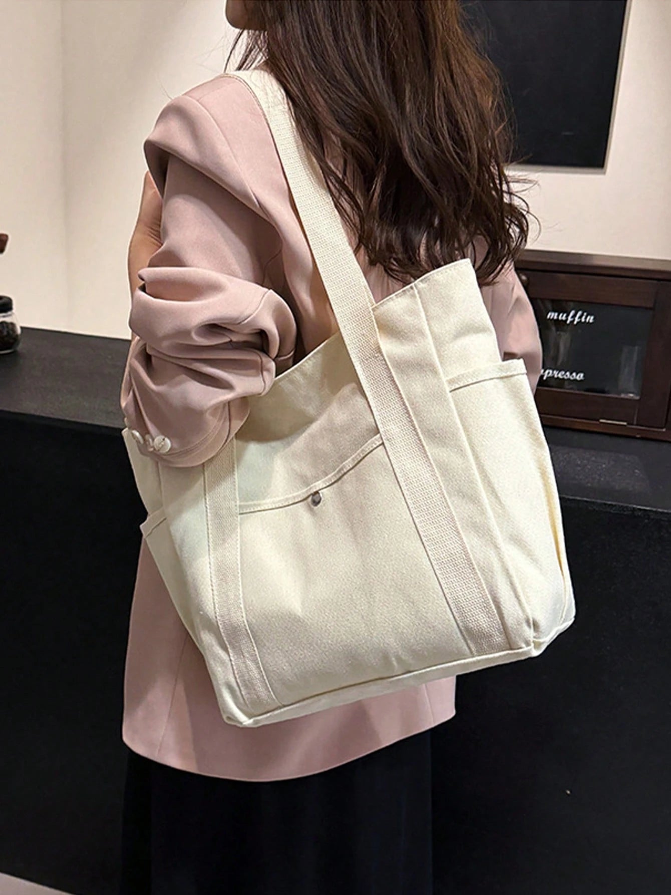 EMERY ROSE X Milania Women's Multi-Pocket Canvas Tote Bag, Large Capacity, Reusable, Canvas Tote Bag, Suitable For Daily Use And Travel