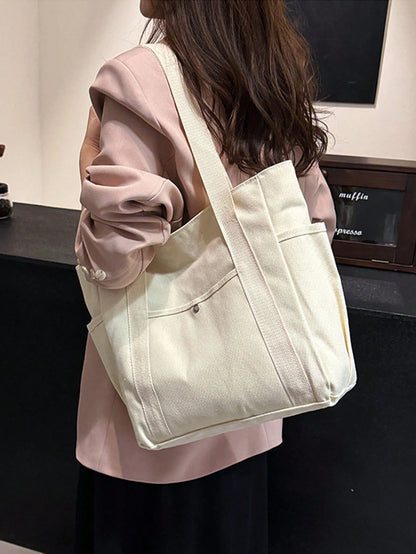EMERY ROSE X Milania Women's Multi-Pocket Canvas Tote Bag, Large Capacity, Reusable, Canvas Tote Bag, Suitable For Daily Use And Travel