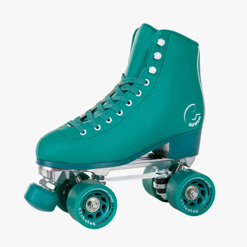 Teal roller skate with visible brand logo on a white background