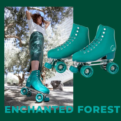 Teal roller skates with 'Enchanted Forest' text overlay on a green background