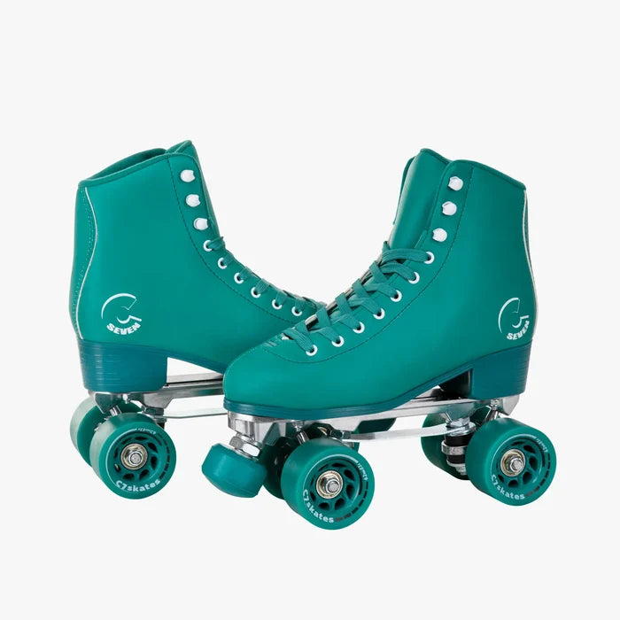 Teal roller skates with white laces on a white background