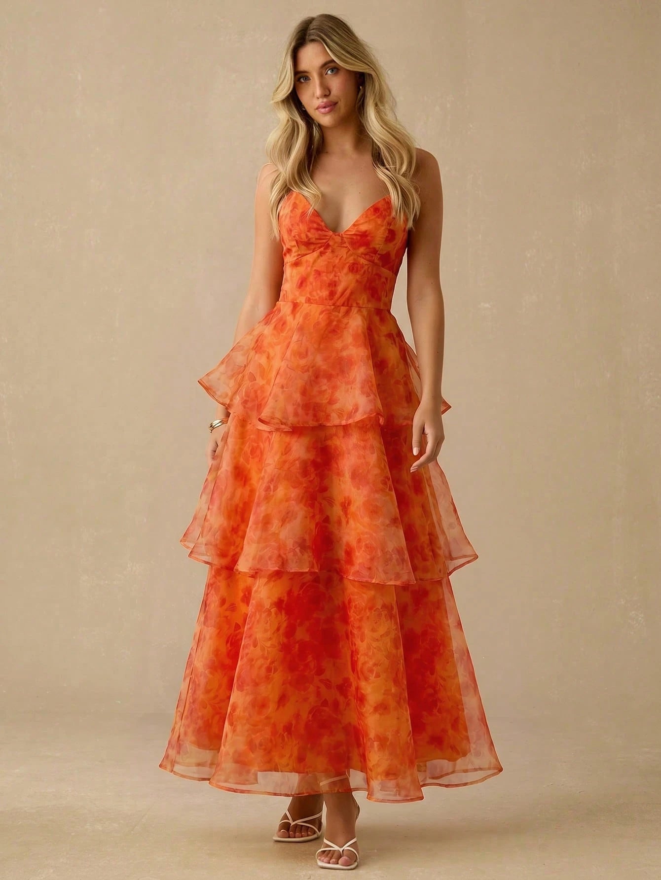 Enchnt Elegant Orange Floral Summer Women's Organza Layered Backless Sleeveless Long Dress,Garden Party,Birthday,Vacation,Beach, Red Print