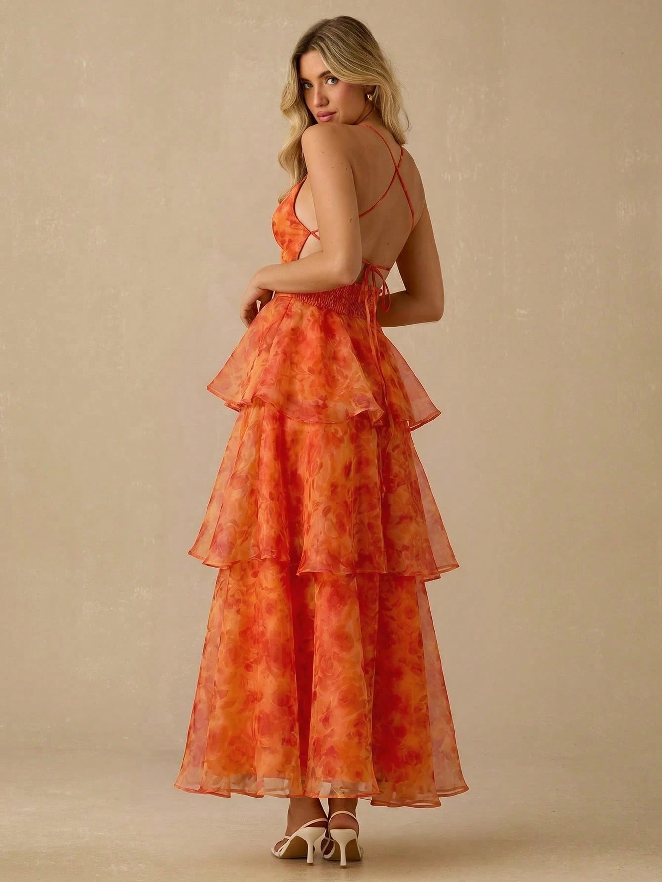 Enchnt Elegant Orange Floral Summer Women's Organza Layered Backless Sleeveless Long Dress,Garden Party,Birthday,Vacation,Beach, Red Print