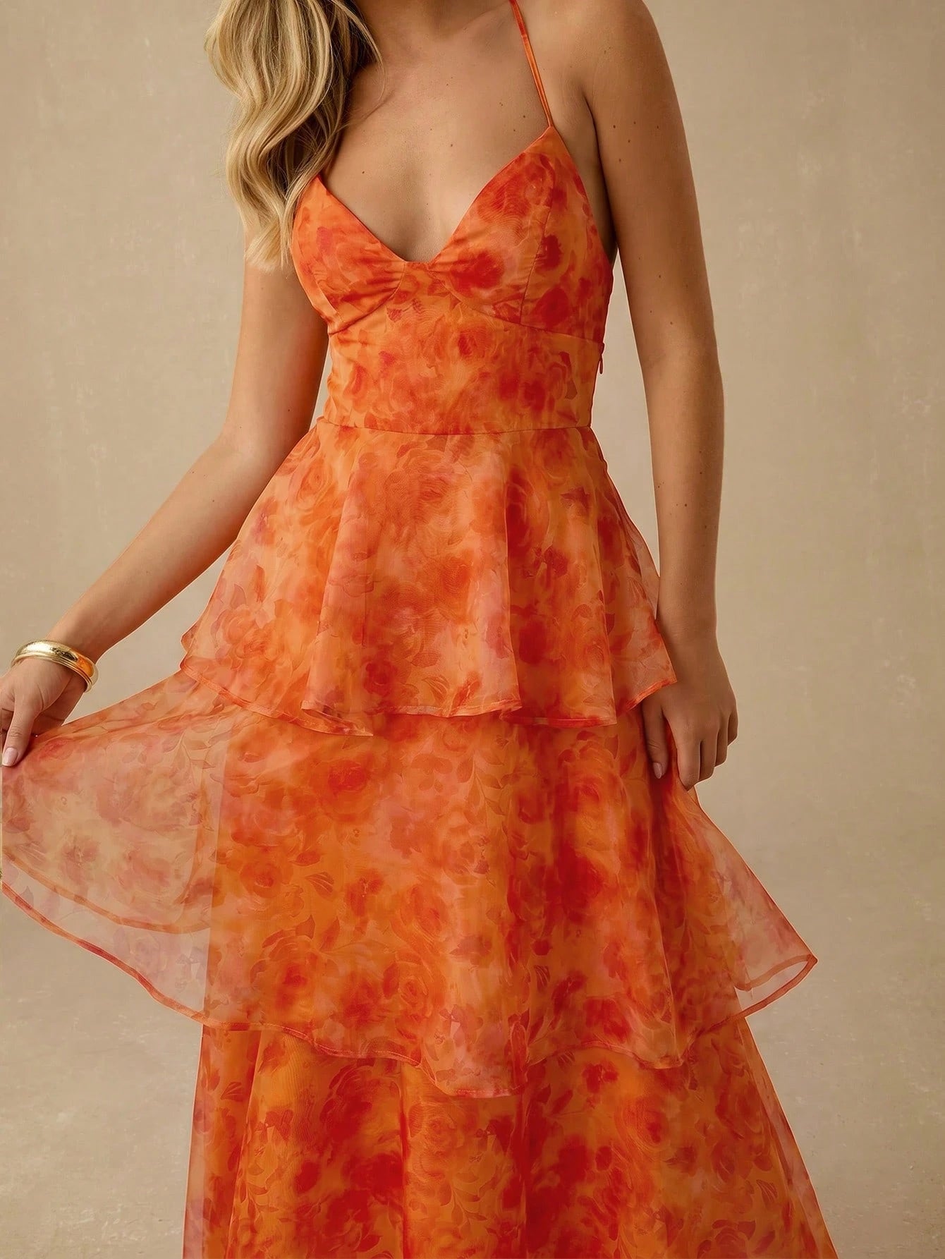 Enchnt Elegant Orange Floral Summer Women's Organza Layered Backless Sleeveless Long Dress,Garden Party,Birthday,Vacation,Beach, Red Print