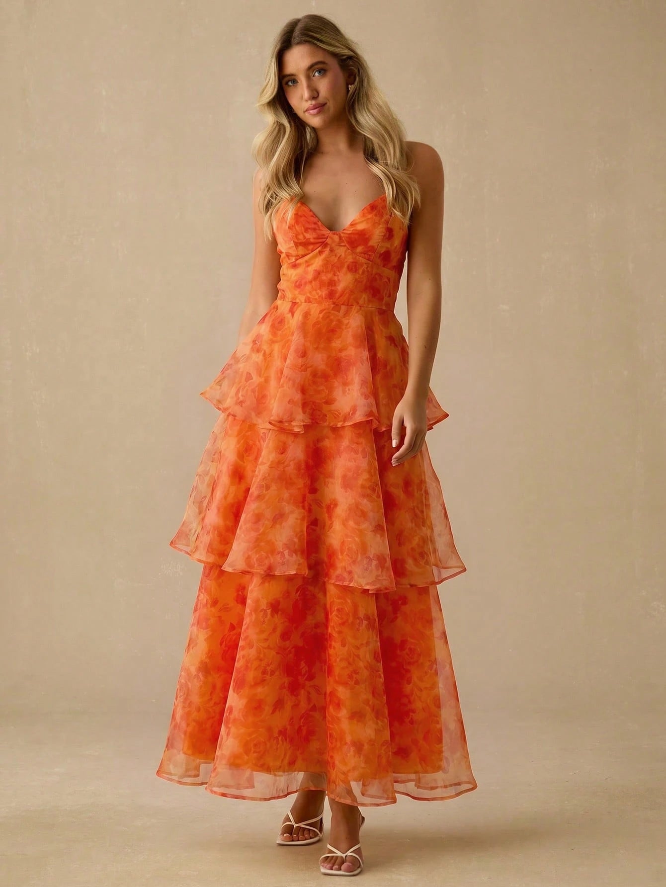 Enchnt Elegant Orange Floral Summer Women's Organza Layered Backless Sleeveless Long Dress,Garden Party,Birthday,Vacation,Beach, Red Print